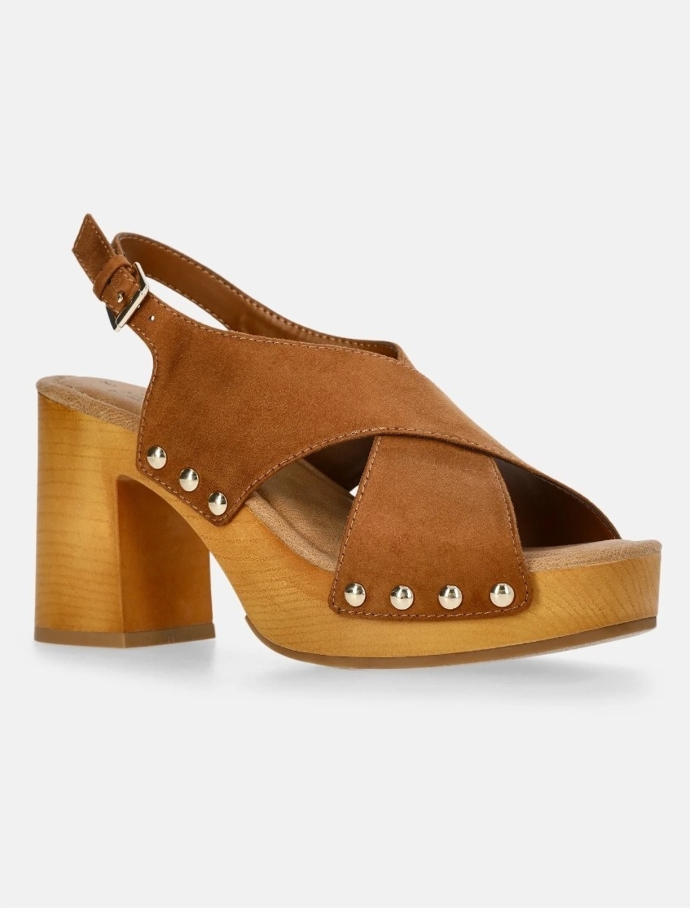 Time and Tru Brown Suede Platform Sandals Gold Studded Block Heels Clog Shoes